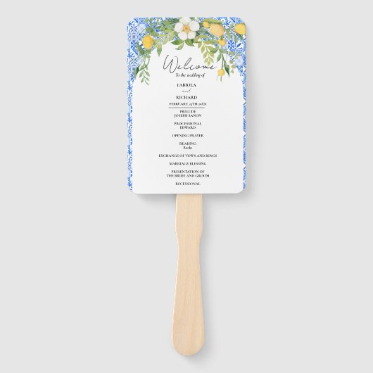 Elegant Blauw Mediterraan Huwelijksprogramma Kaart Handwaaier (Voorkant)