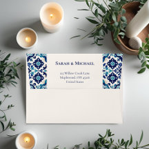 Elegant blauw Mediterraan Tegel bruiloft envelop