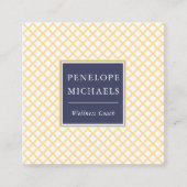 Elegant blauw met geel trellis patroon vierkante visitekaartje (Voorkant)