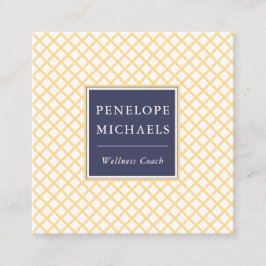 Elegant blauw met geel trellis patroon vierkante visitekaartje