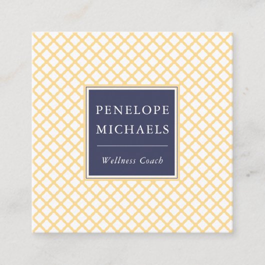 Elegant blauw met geel trellis patroon vierkante visitekaartje (Voorkant)