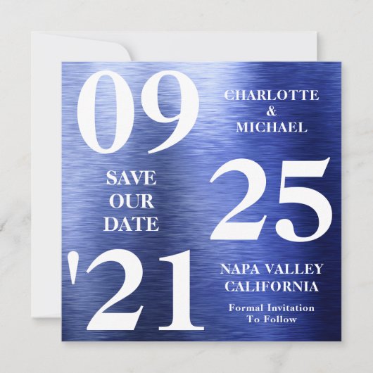 Elegant Blauw Metallic Shimmer Modern Save The Dat Kaart (Voorkant)