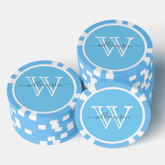 Elegant Blauw Minimale Naam en Monogrammed Poker Chips (Opstapeling)