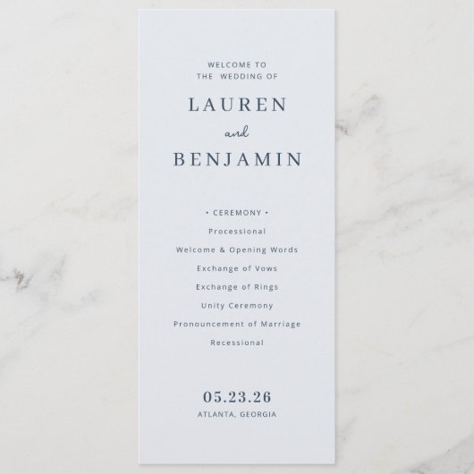 Elegant Blauw Minimalistisch Huwelijksprogramma Programmakaart (Voorkant)