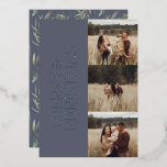 Elegant blauw modern minimal multi botanische foto folie feestdagenkaart<br><div class="desc">Elegante multi-foto modern minimal natuurlijke stoffige blauwe waterverf botanische typografie Merry Christmas vakantie platte kaart.</div>