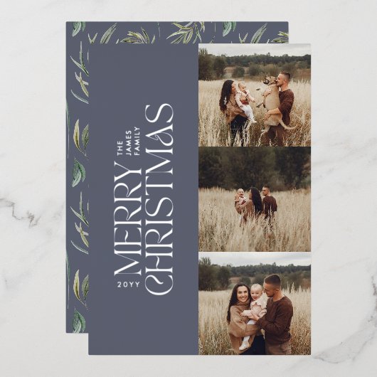 Elegant blauw modern minimal multi botanische foto folie feestdagenkaart (Voorkant / Achterkant)