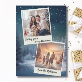 Elegant Blauw Modern Twee Fotocollage Kerstmis Feestdagenkaart