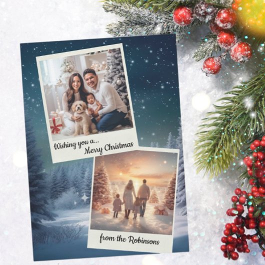 Elegant Blauw Modern Twee Fotocollage Kerstmis Feestdagenkaart