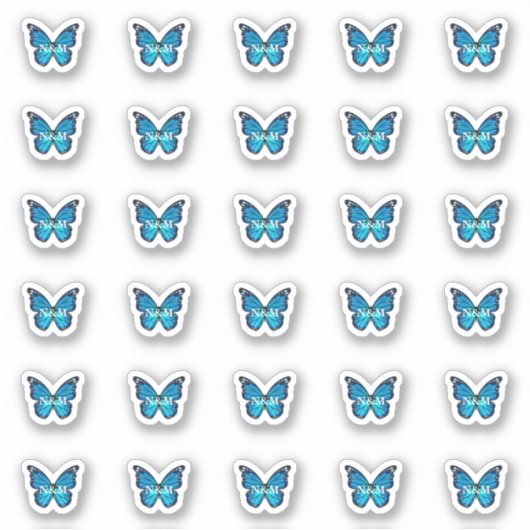 Elegant Blauw Monarch Vlinder Monogram Initialen Sticker (Voorkant)