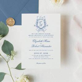 Elegant Blauw Monogram Crest Traditionele Bruiloft Kaart