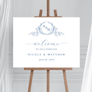 Elegant Blauw Monogram Huwelijk Welkom Teken Poster