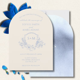 Elegant Blauw Monogram Initiaal Crest Floral Weddi Kaart