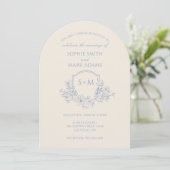Elegant Blauw Monogram Initiaal Crest Floral Weddi Kaart (Staand voorkant)