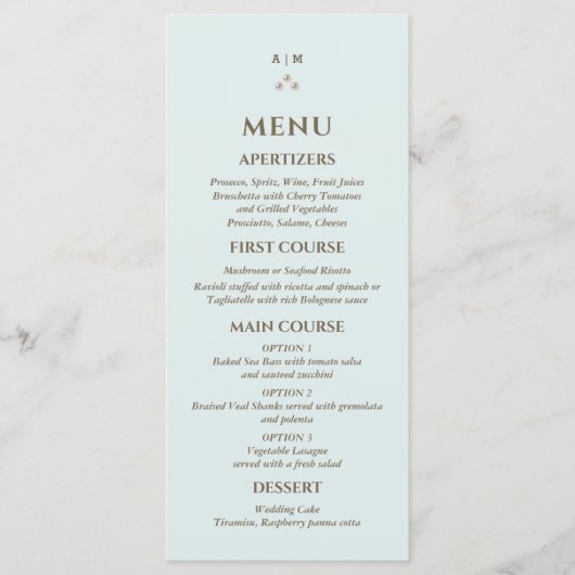 Elegant Blauw Monogram Parel Wedding Menu (Voorkant)