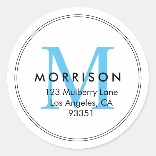 Elegant Blauw Monogram Retouradres Ronde Sticker (Voorkant)