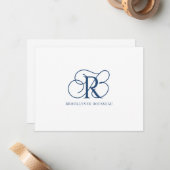 Elegant Blauw Monogram Vlakke Nota Kaart Notitiekaartje (Voorkant / Achterkant in situ)