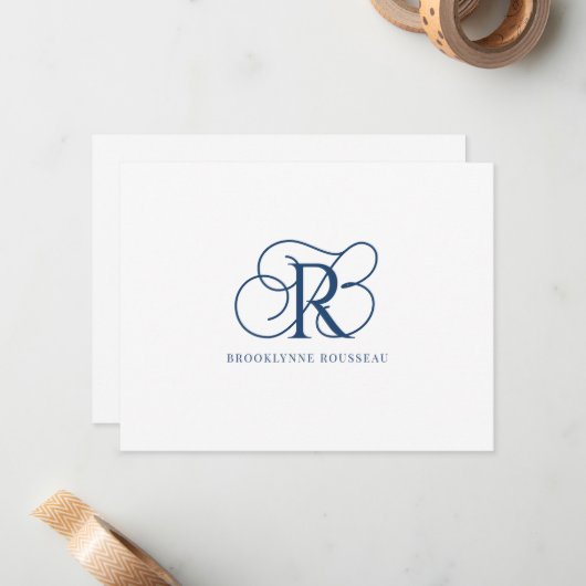 Elegant Blauw Monogram Vlakke Nota Kaart Notitiekaartje (Voorkant / Achterkant in situ)