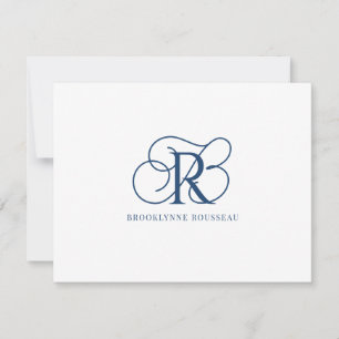 Elegant Blauw Monogram Vlakke Nota Kaart Notitiekaartje