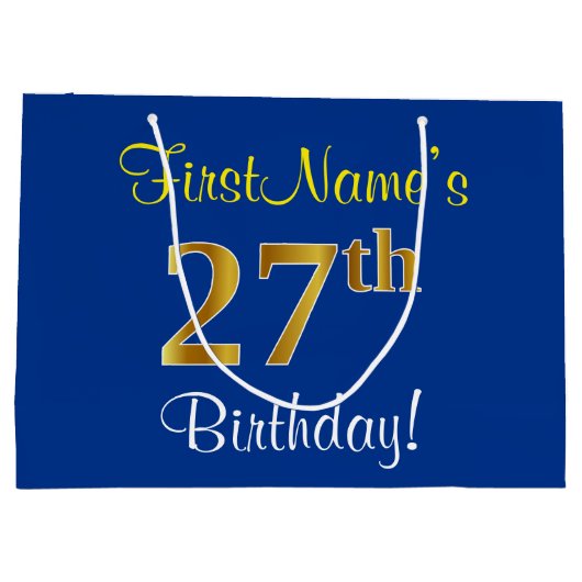 Elegant, Blauw, Nep Goud 27e Verjaardag + Naam Groot Cadeauzakje (Achterkant)