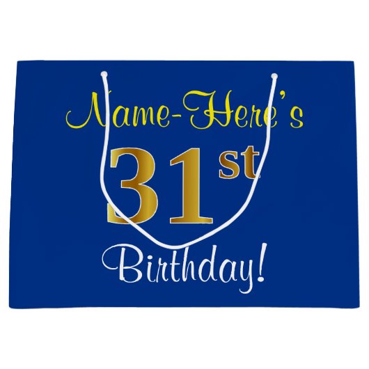 Elegant, Blauw, Nep Goud 31e Verjaardag + Naam Groot Cadeauzakje (Voorkant)