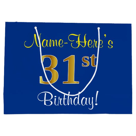 Elegant, Blauw, Nep Goud 31e Verjaardag + Naam Groot Cadeauzakje (Achterkant)