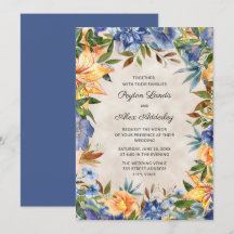 Elegant Blauw Oranje Waterverf Bloem Bruiloft