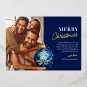 Elegant Blauw Ornament Foto Kerst Folie Feestdagenkaart (Voorkant)