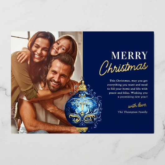 Elegant Blauw Ornament Foto Kerst Folie Feestdagenkaart (Voorkant)