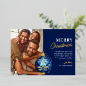 Elegant Blauw Ornament Foto Kerst Folie Feestdagenkaart (Staand Voorkant)