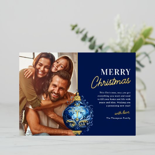 Elegant Blauw Ornament Foto Kerst Folie Feestdagenkaart (Staand Voorkant)