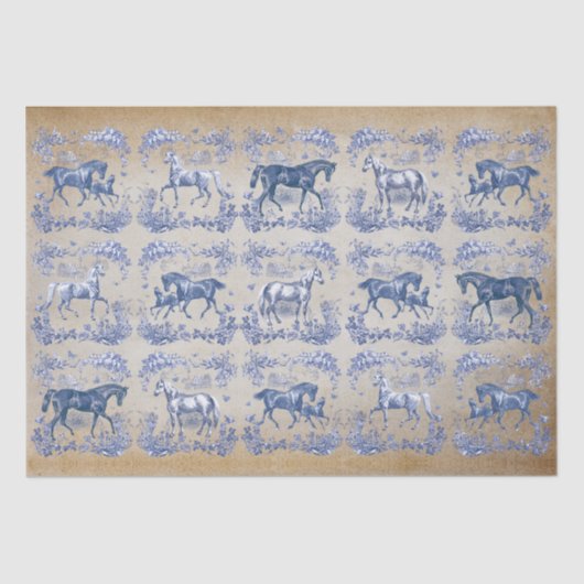 Elegant  Blauw Paard Bloemen Toile Kraft Tiss Tissuepapier (Voorkant)