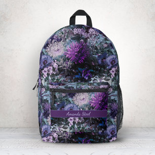 Elegant Blauw Paars Bloem Motief Bedrukte Rugzak