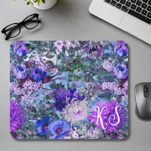 Elegant blauw paars bloempatroon monogram muismat