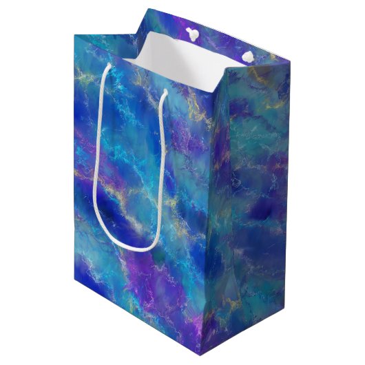 Elegant blauw, paars en goud marmerpatroon medium cadeauzakje (Voorkant Gekanteld)