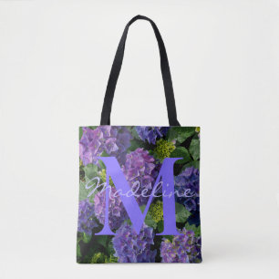 Elegant blauw paars groen bloemig monogram tote bag