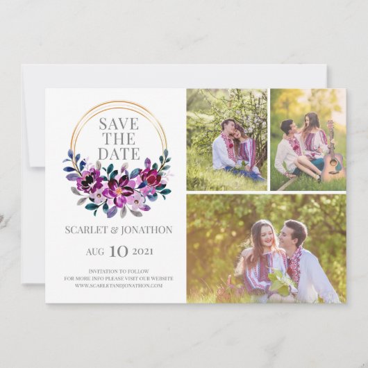 Elegant Blauw Paarse Bloemen Bewaar de datum Foto Save The Date (Voorkant)