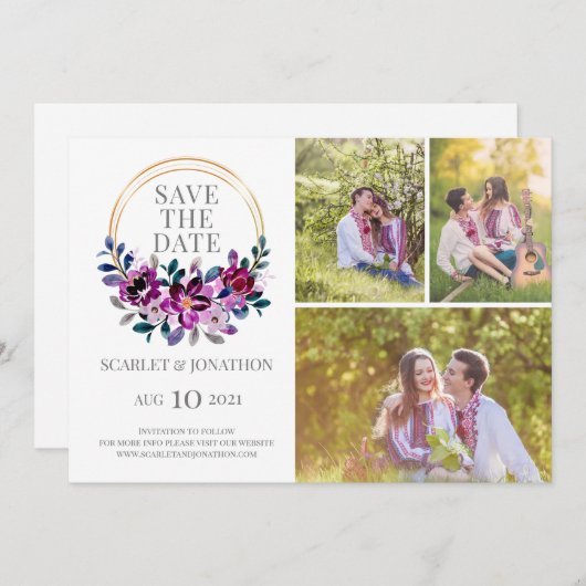 Elegant Blauw Paarse Bloemen Bewaar de datum Foto Save The Date (Voorkant / Achterkant)