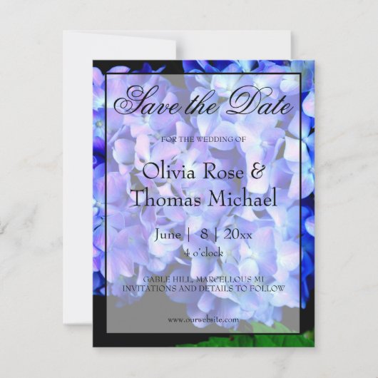 Elegant blauw paarse bloemen hortensia's save the date (Voorkant)