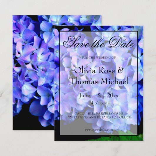 Elegant blauw paarse bloemen hortensia's save the date (Voorkant / Achterkant)