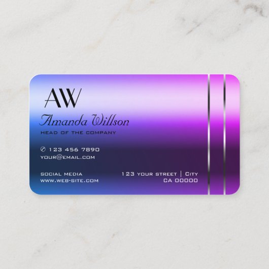 Elegant Blauw Paarse Gradiënt Zilveren Decor Monog Visitekaartje (Achterkant)