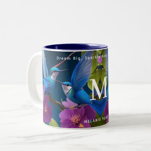 Elegant Blauw Paarse Grappige Kolibrie Monogram op Tweekleurige Koffiemok (Voorkant links)