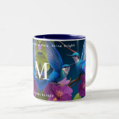 Elegant Blauw Paarse Grappige Kolibrie Monogram op Tweekleurige Koffiemok (Voorkant rechts)