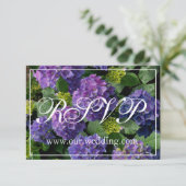 Elegant blauw paarse magenta bloemenhortensia RSVP Save The Date (Staand voorkant)