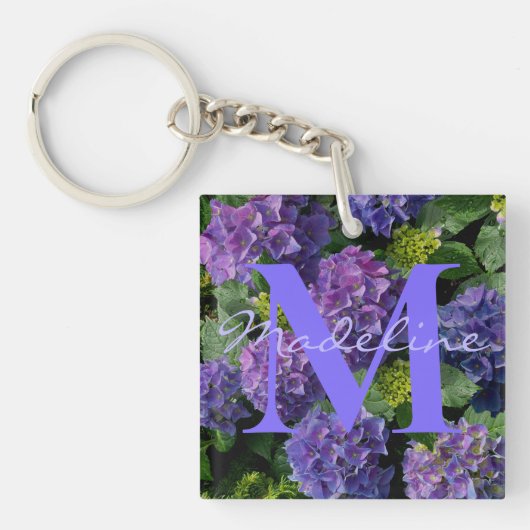 Elegant blauw paarse magenta groene bloemenhortens sleutelhanger (Voorkant)