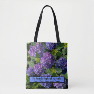 Elegant blauw paarse magenta groene bloemenhortens tote bag