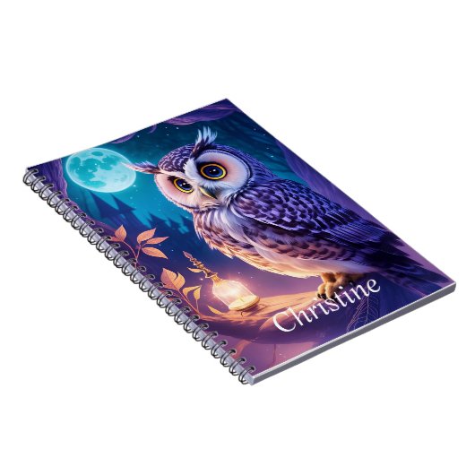 Elegant Blauw Paarse Magische Uil Comic AI Art Notitieboek (Rechterzijde)