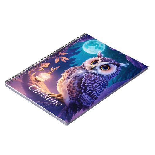 Elegant Blauw Paarse Magische Uil Comic AI Art Notitieboek (Linkerzijde)