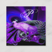 ELEGANT BLAUW PAARSE PEACOCK BLACK MONOGRAM VIERKANTE VISITEKAARTJE (Achterkant)