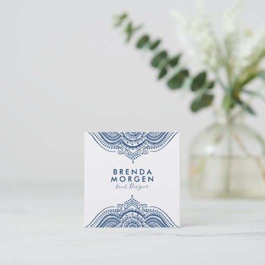Elegant Blauw Paisley Mandala Vierkante Visitekaartje (Staand voorkant)