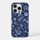 Elegant Blauw Paisley Monogram iPhone Hoesje (Achterkant)